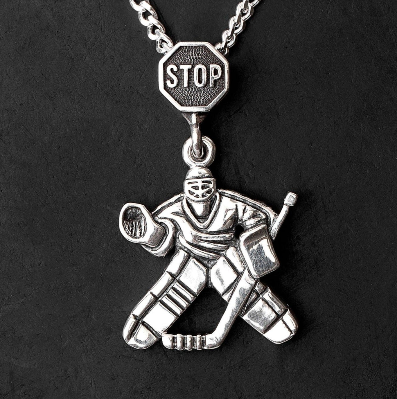 Sterling silver hockey goalie pendant (full right version is available)