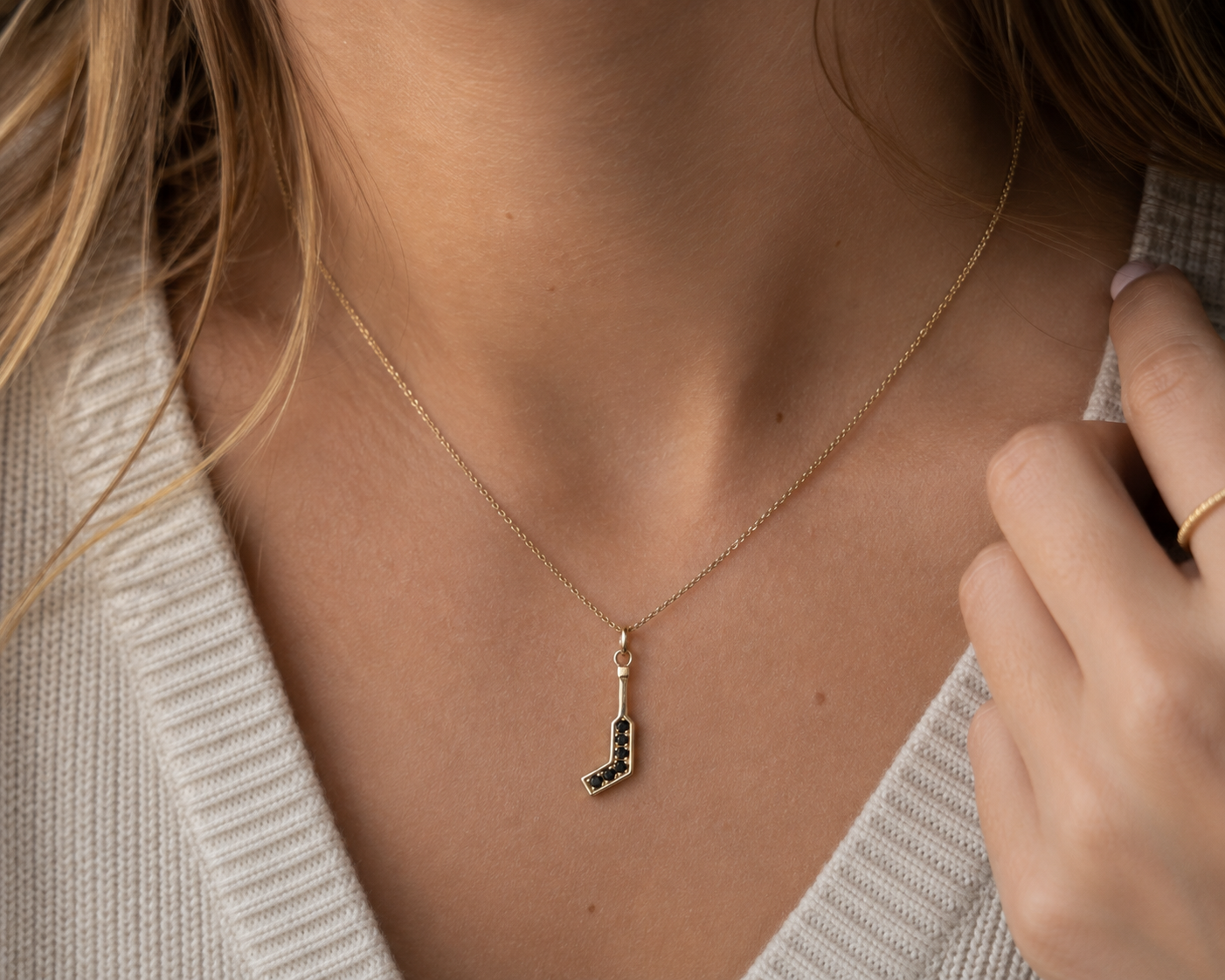 14K Goalie Stick and Black Diamonds Necklace (only one available)