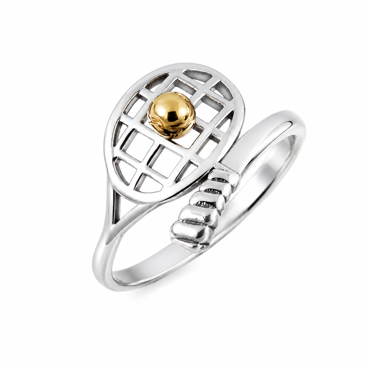 Bague en argent pour raquette de tennis avec boule dorée