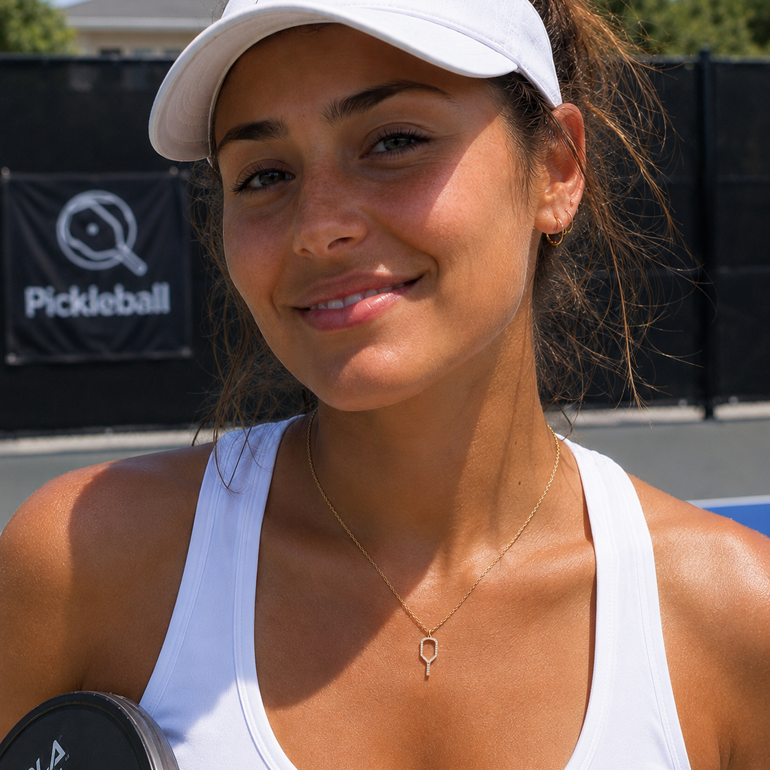 Woman on a pickleball court wearing a white visor and tank top, holding a pickleball paddle.