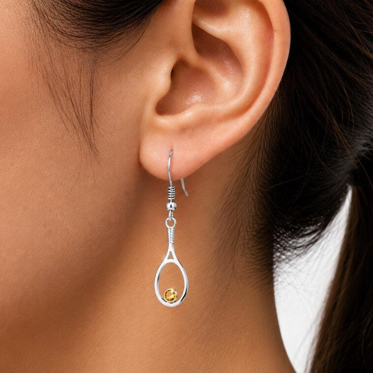 Boucles d’oreilles de raquette de tennis, or, citrine naturelle en or 14 carats, boucles d’oreilles Tennis Dangle, cadeau pour ger, cadeau fait à la main, cadeau de joueur de tennis