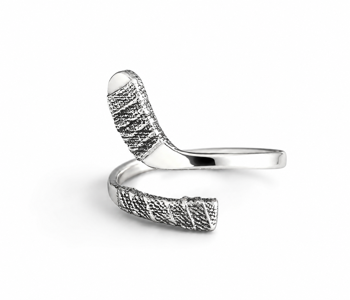 A silver open-band ring featuring two textured, wrap-like prongs with a polished band, shown on a clean white background.