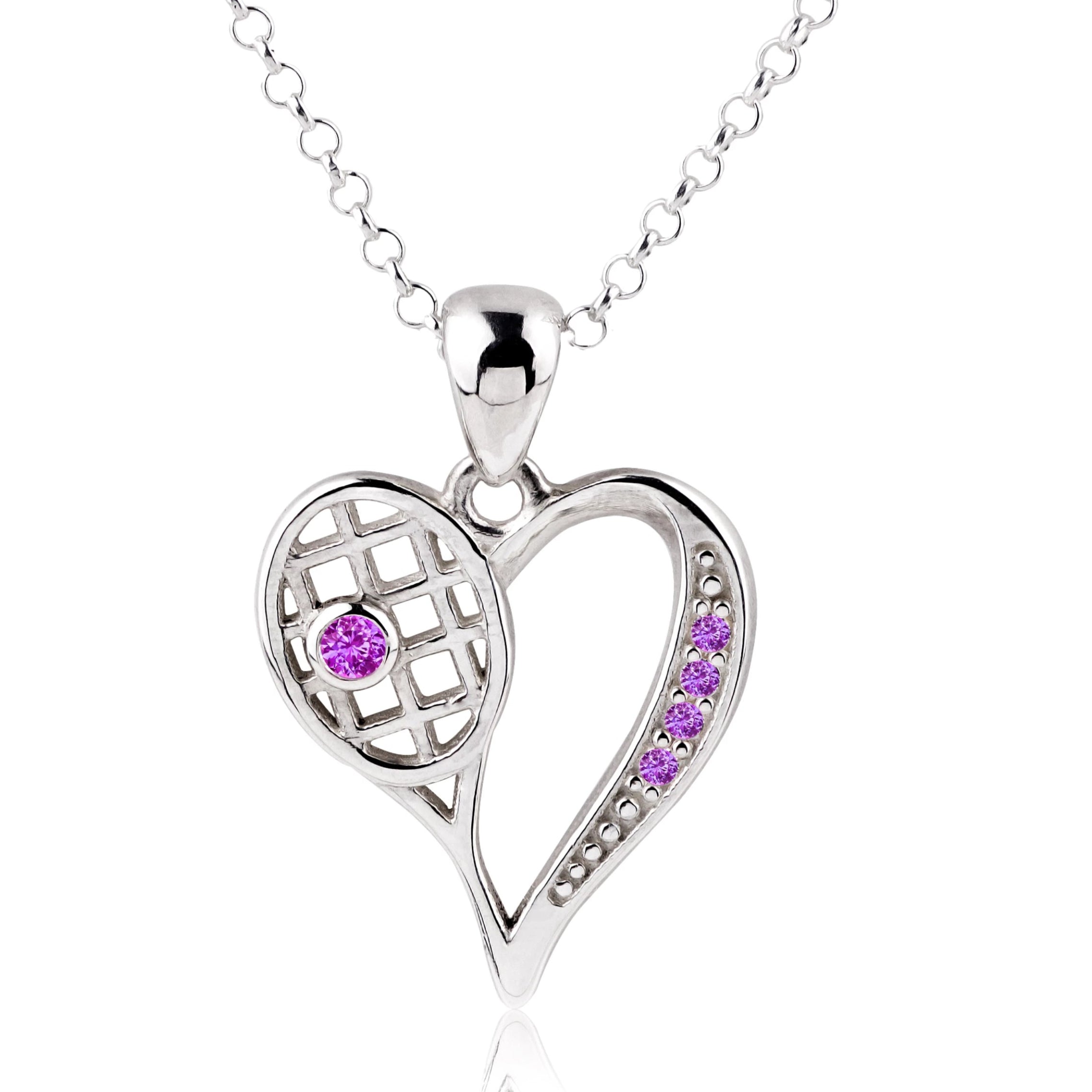 A sterling silver necklace with a heart-shaped pendant featuring a tennis racquet design and a series of purple cubic zirconia stones arranged to form a tennis ball.