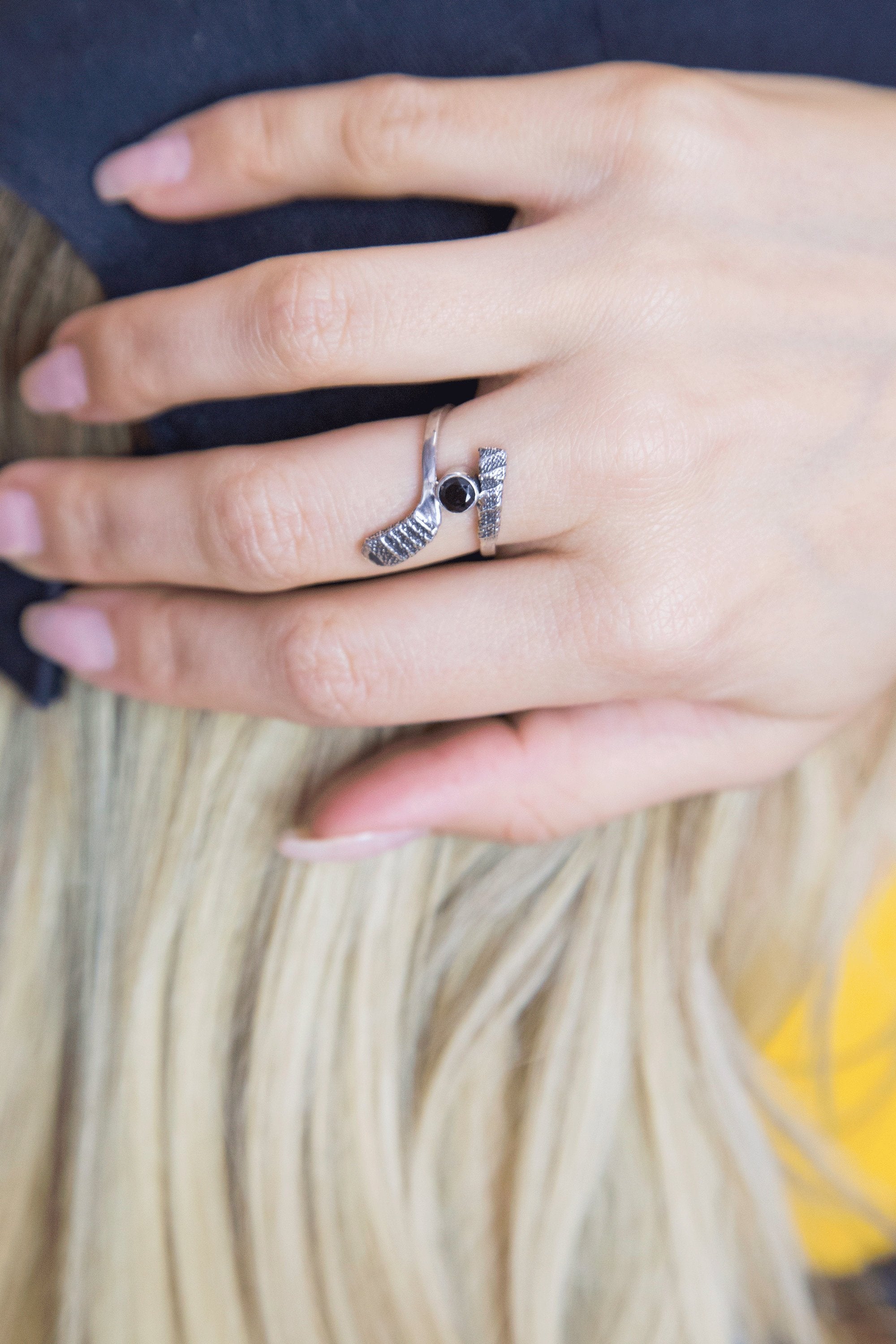 Sterling Silver Hockey Stick Ring With Stone