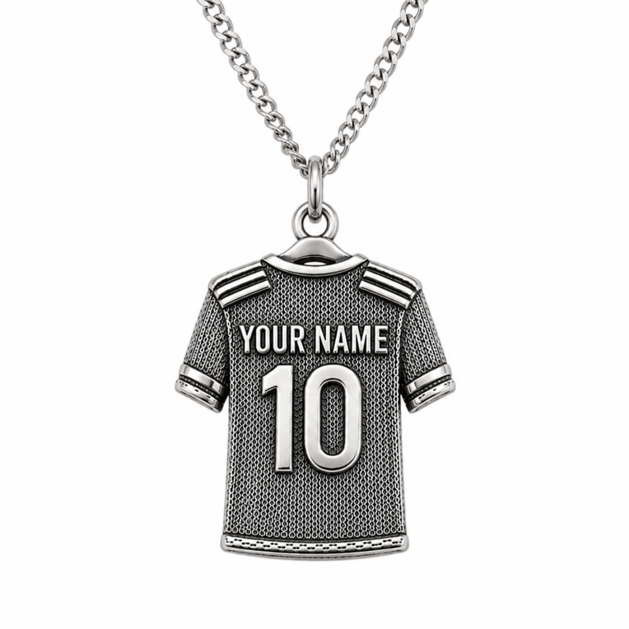 Silver pendant shaped like a sports jersey with customizable text on a white background