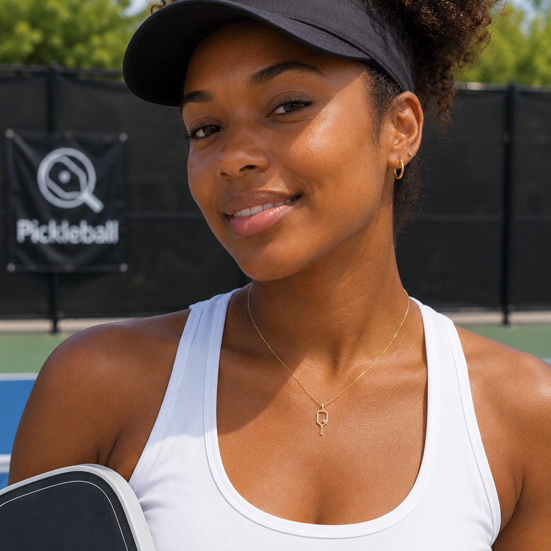 Woman holding a pickleball paddle on a tennis court with a pickleball-themed banner in the background.