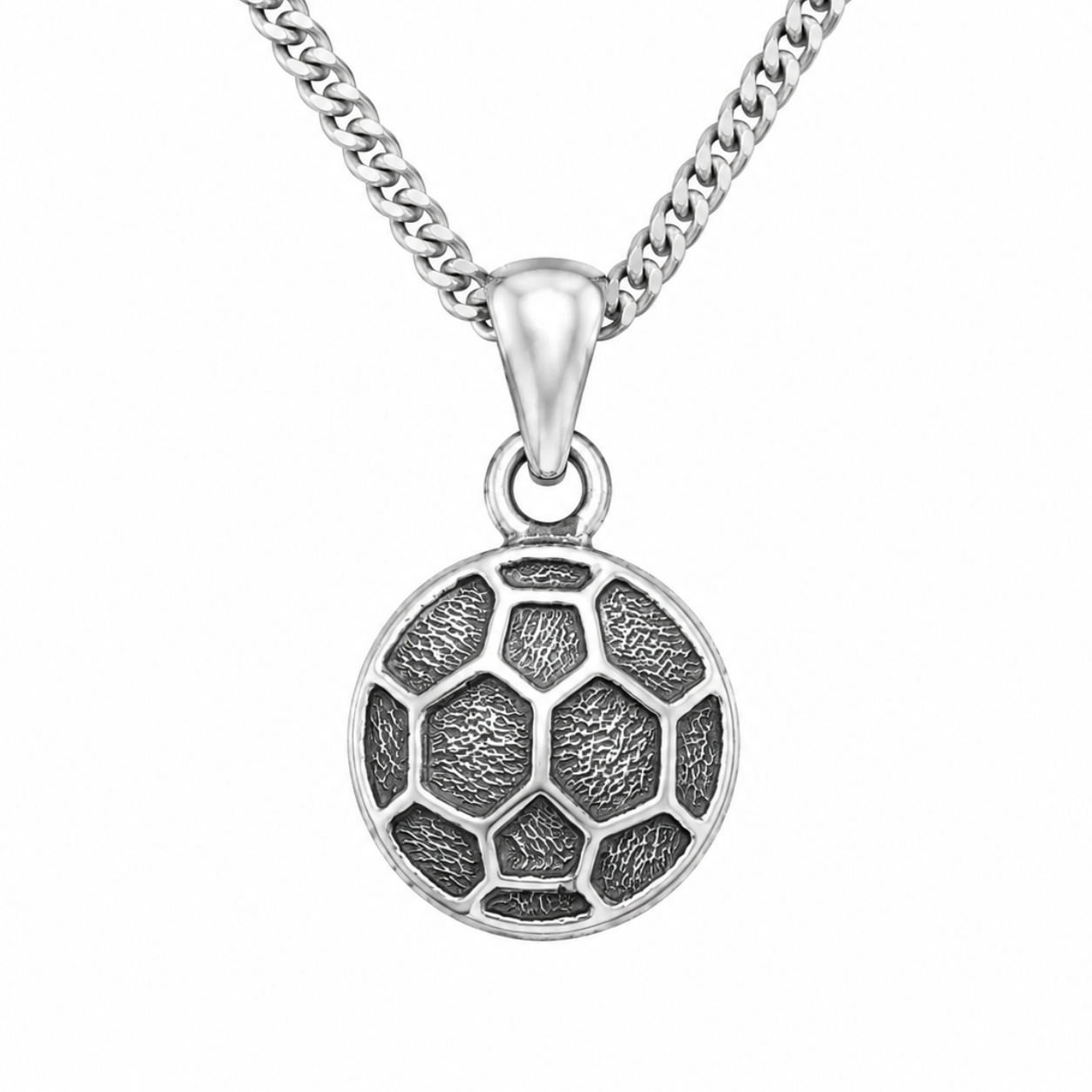 Silver necklace with a round pendant on a white background
