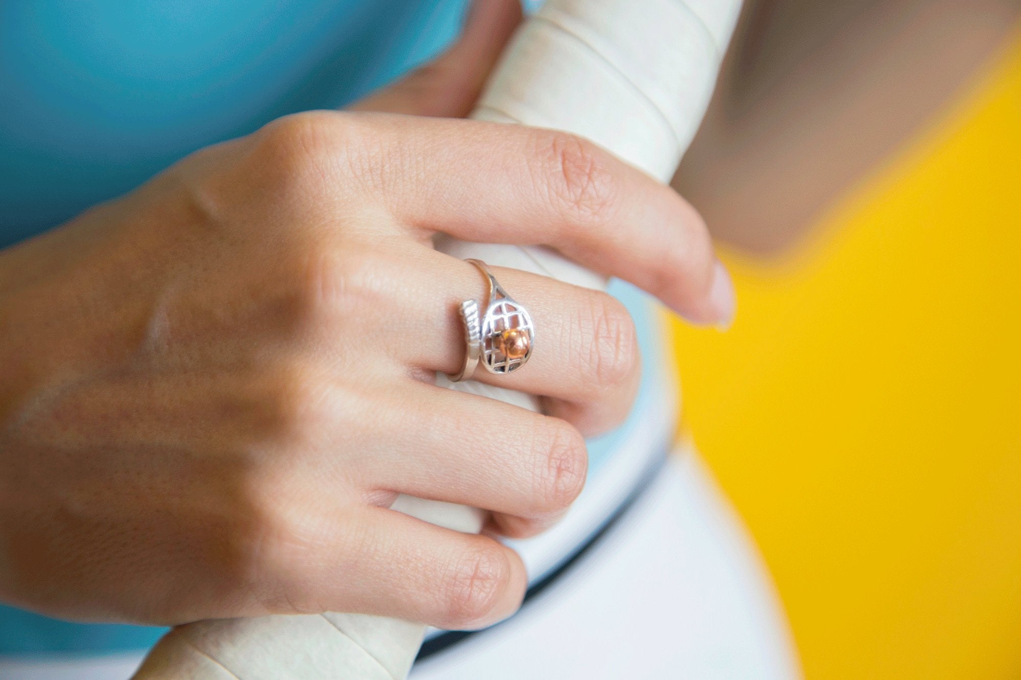 Tennis Racket Silver Ring with Gold Ball