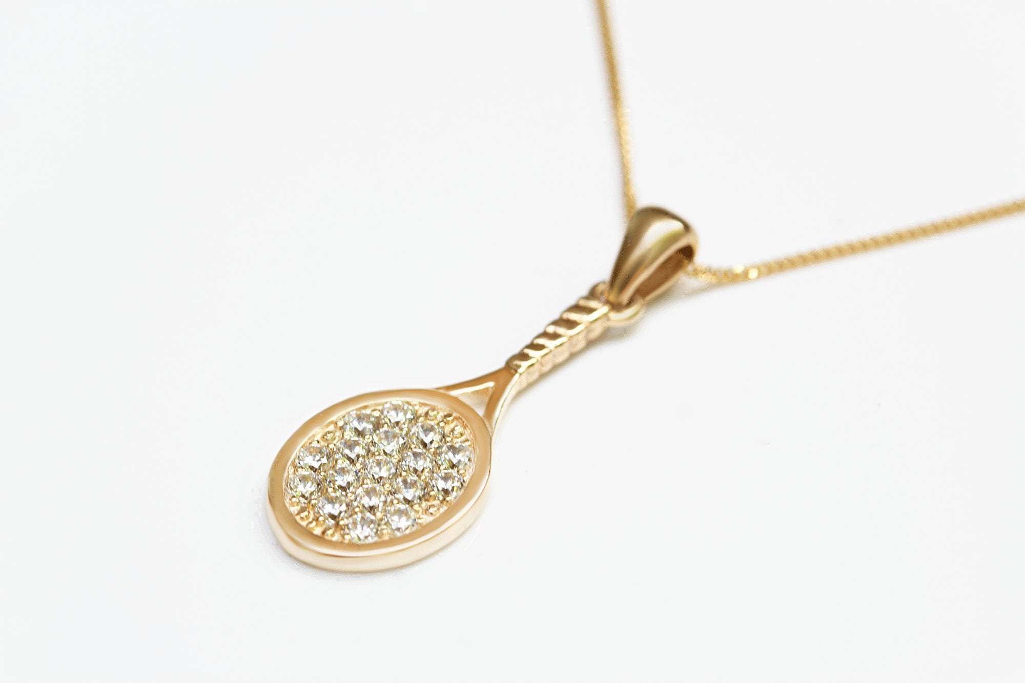 Gold Tennis Racquet Necklace with 23 stones